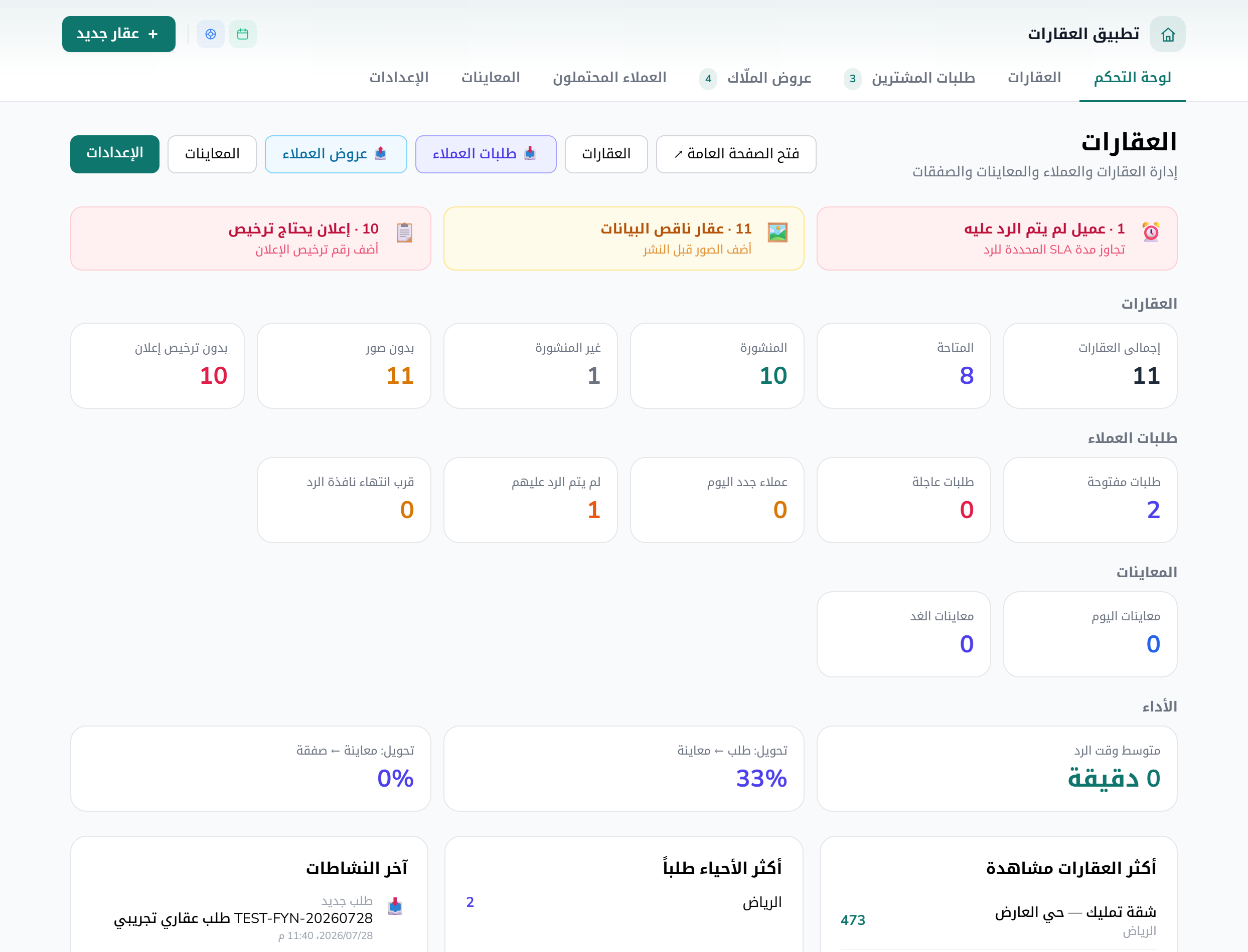 تطبيق العقارات: لوحة إدارة العقارات والعملاء المحتملين والمعاينات