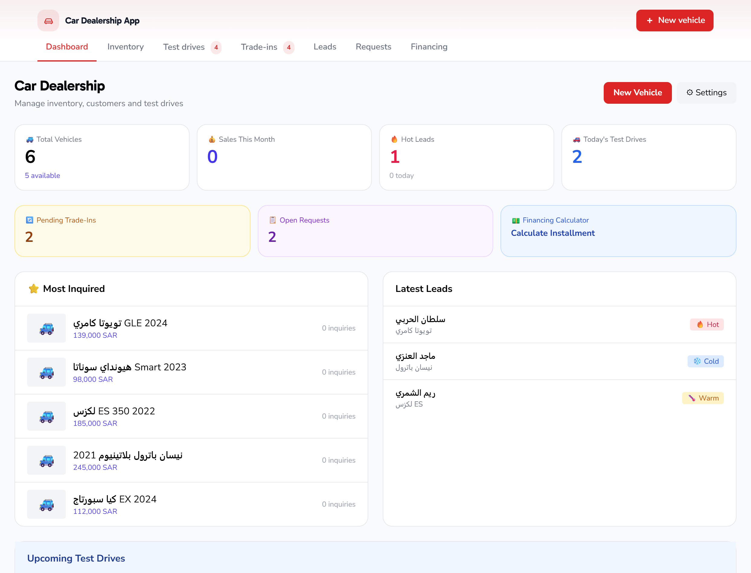 Car Dealership app: inventory, financing requests, and test drives