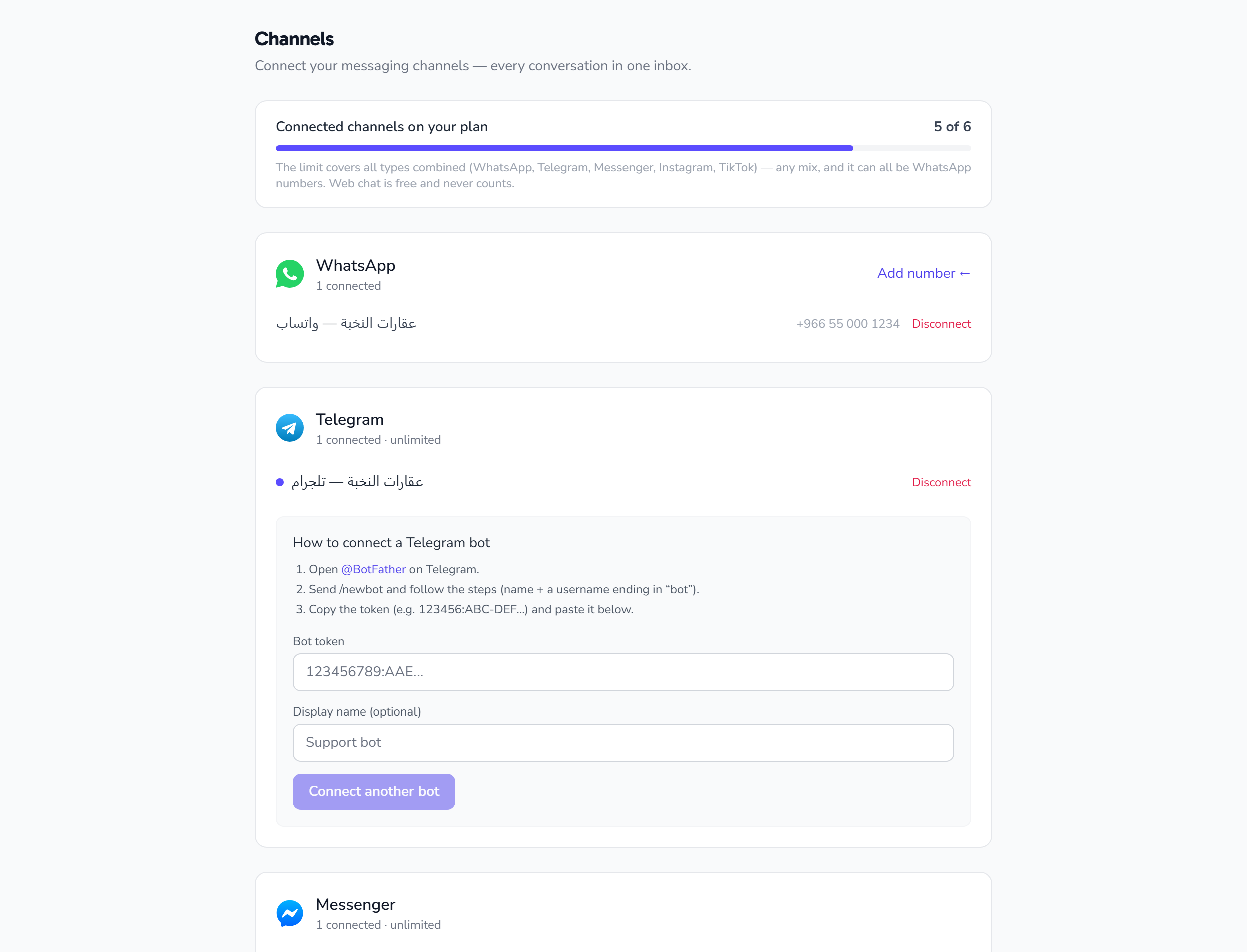 The Telegram card on the Channels page