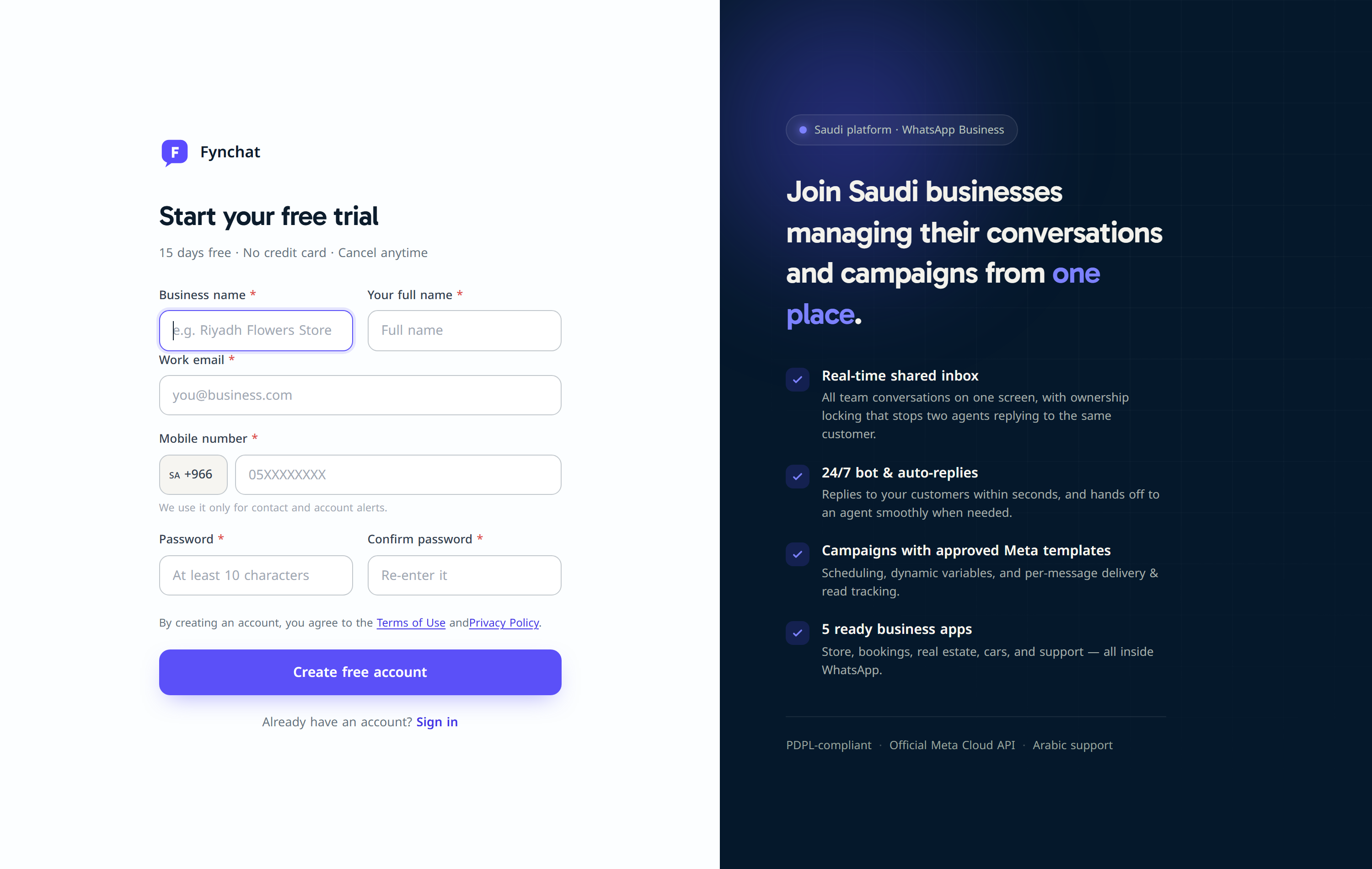 Create your free account: business name, full name, work email, phone, and password