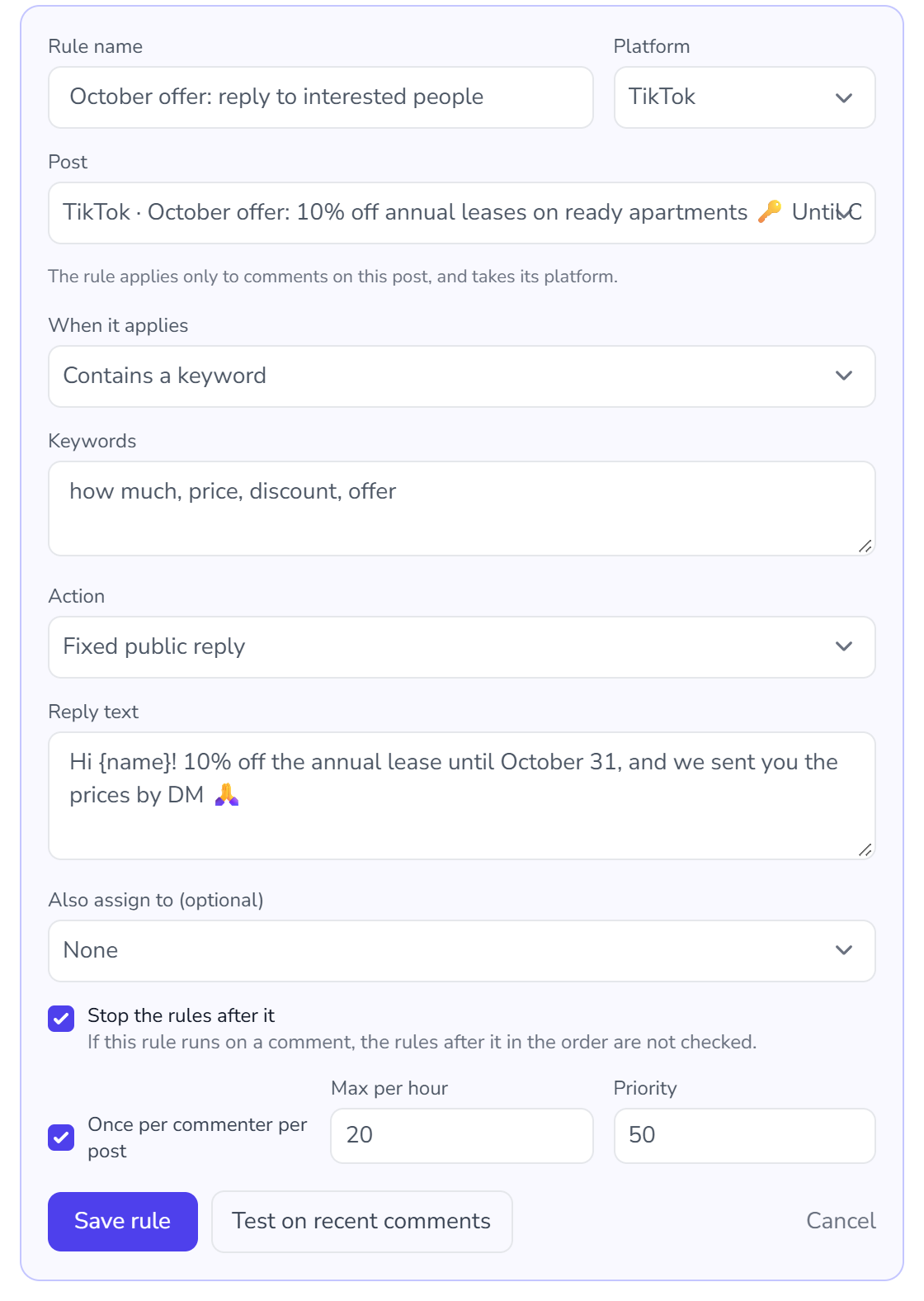 A rule for a single post, with "Stop the rules after it" checked