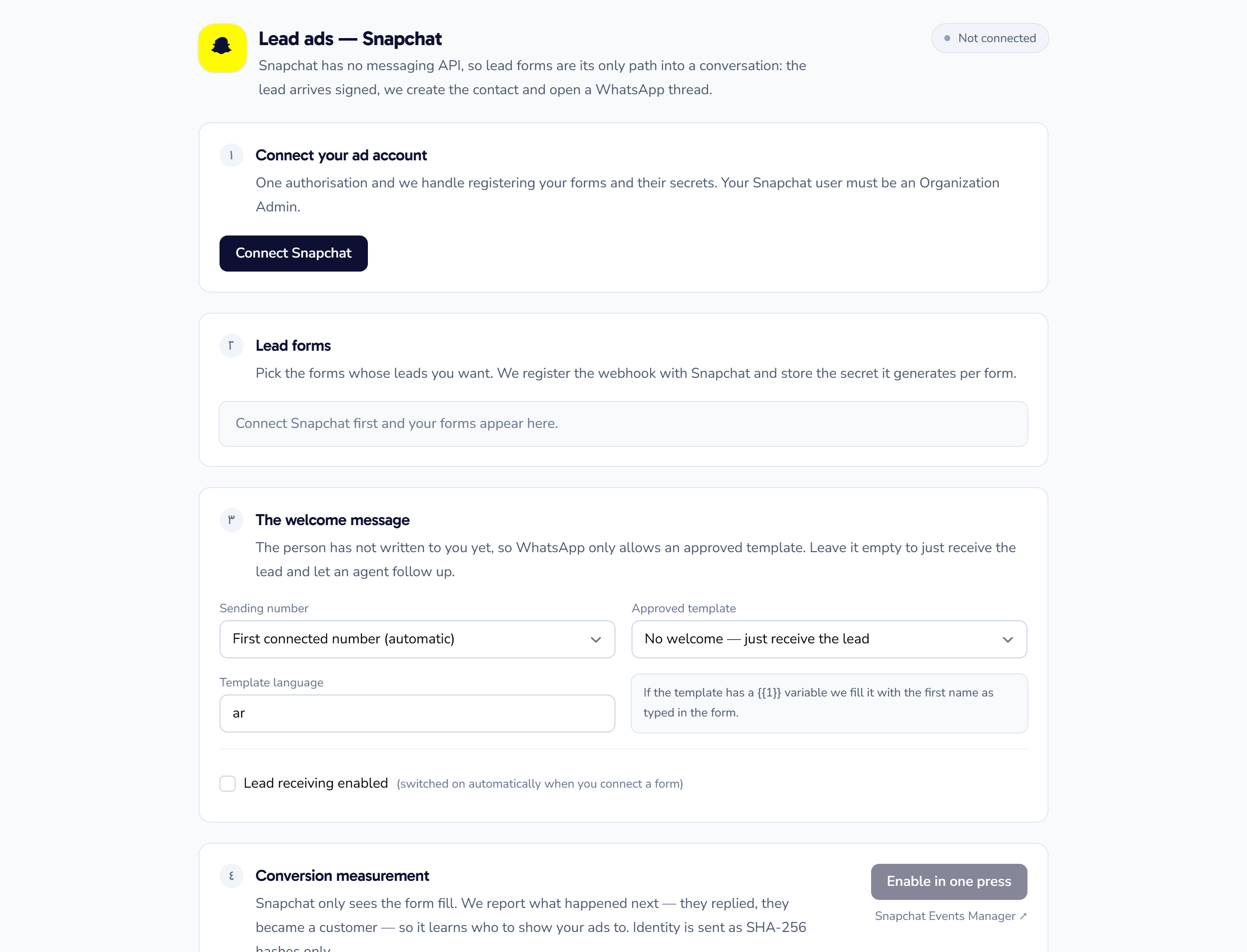 The Snapchat lead ads settings page